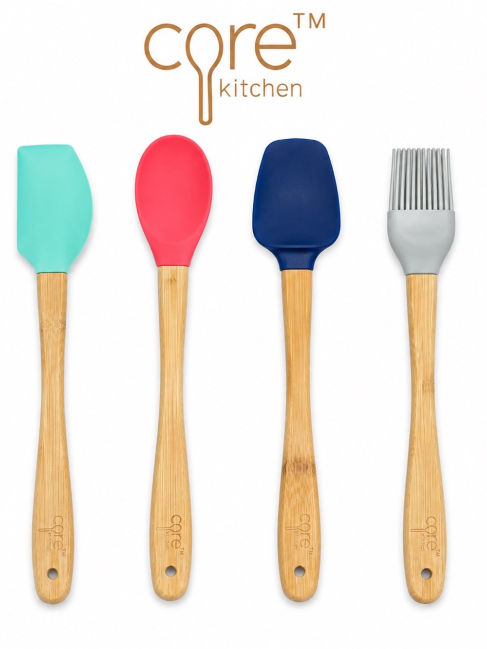 Core Kitchen Silicone Utensil 4 Pc Bamboo Handles Spoonula Spatulas Pastry Brush